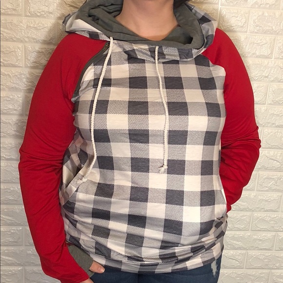 Black White Grey Red Plaid Double Hooded Hoodie - Picture 8 of 8